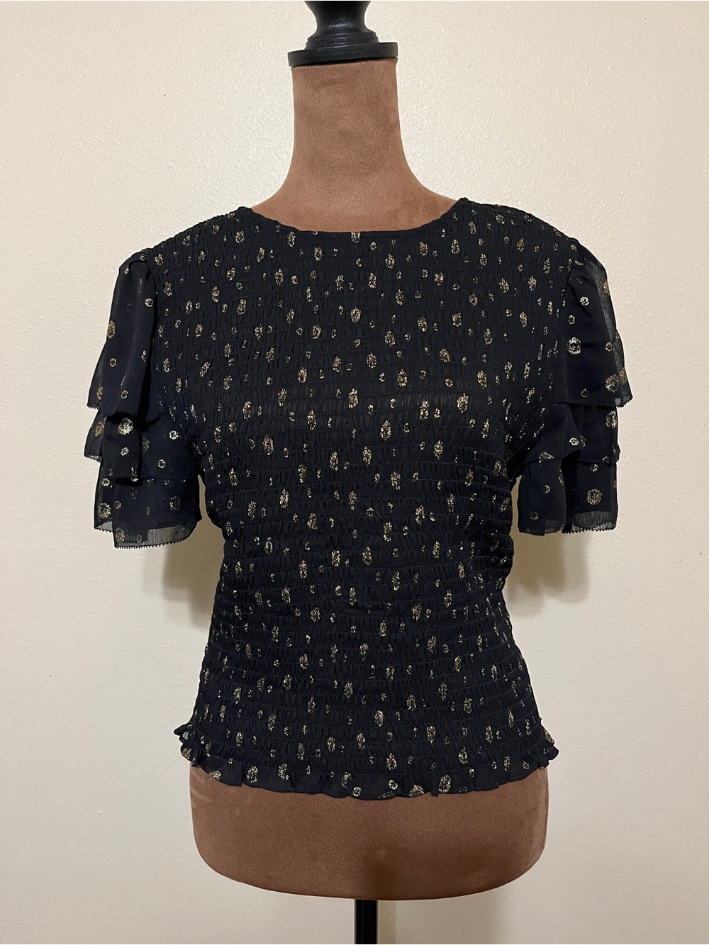 NWT Loft Smocked Black Gold Shimmer Ruffle Sleeves Blouse Top Sz M MSRP $74.95